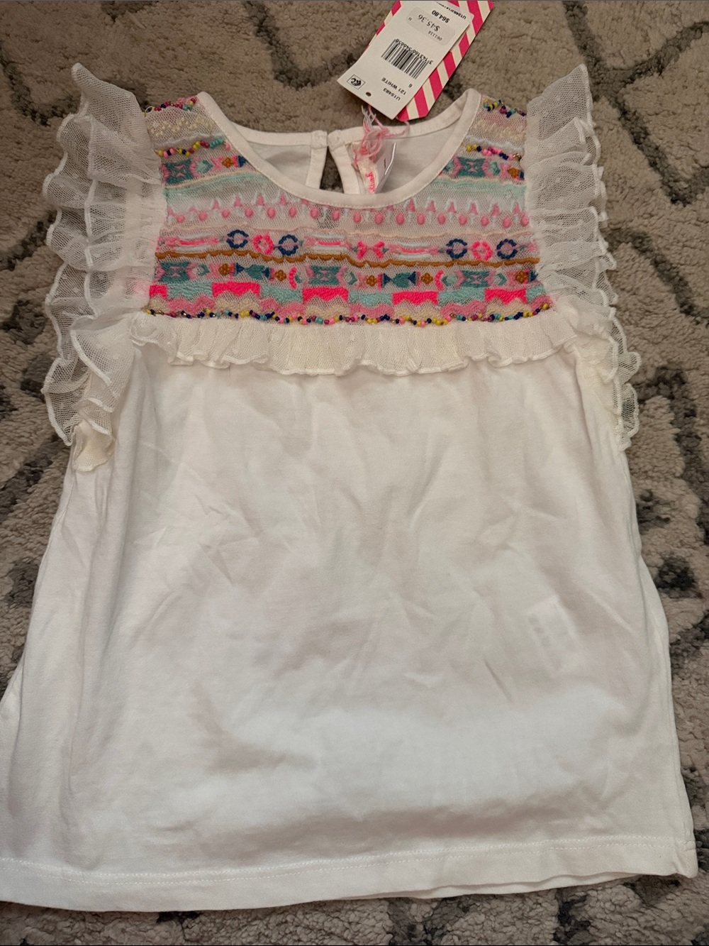Girls' White Ruffle Tank with Multicolor Embroidered/beaded